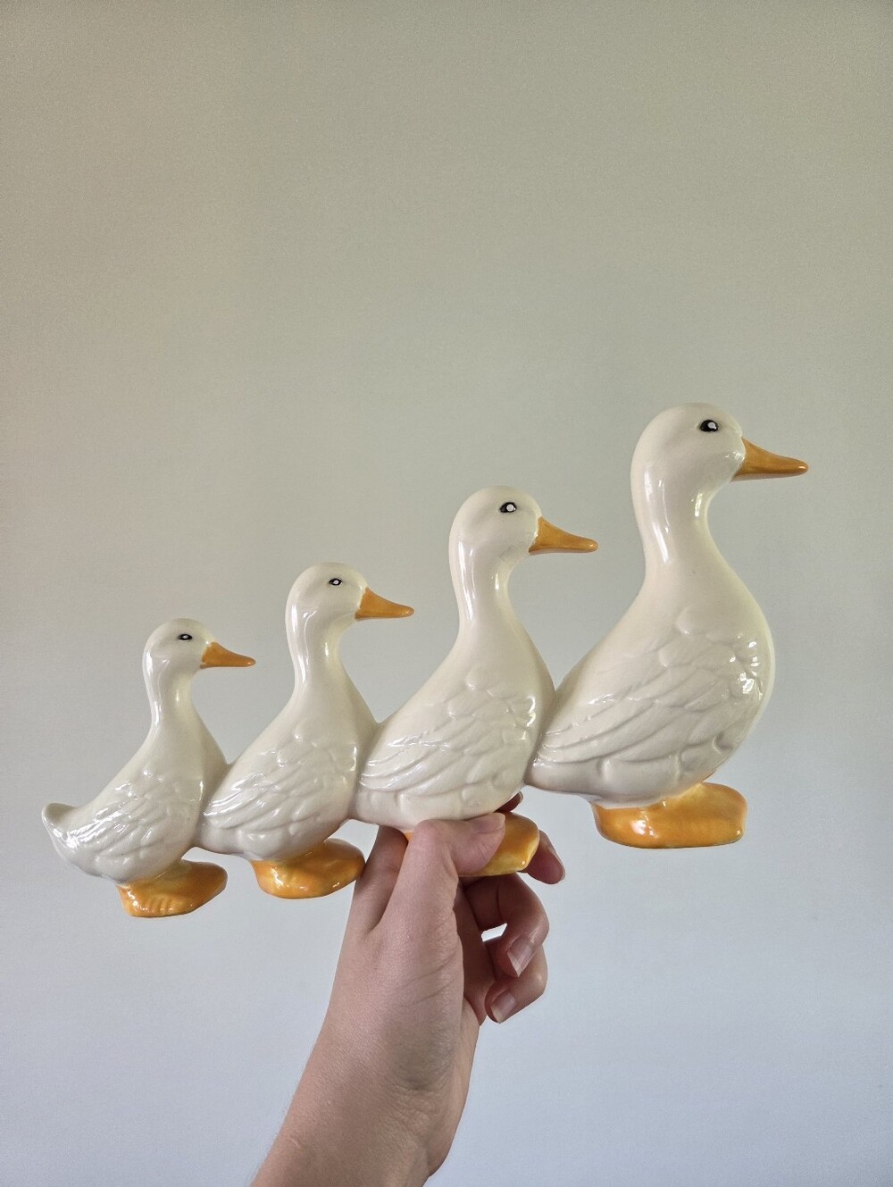 Vintage Hand-Painted Ceramic Duck Family Figurine in a Row – White & Orange Duck